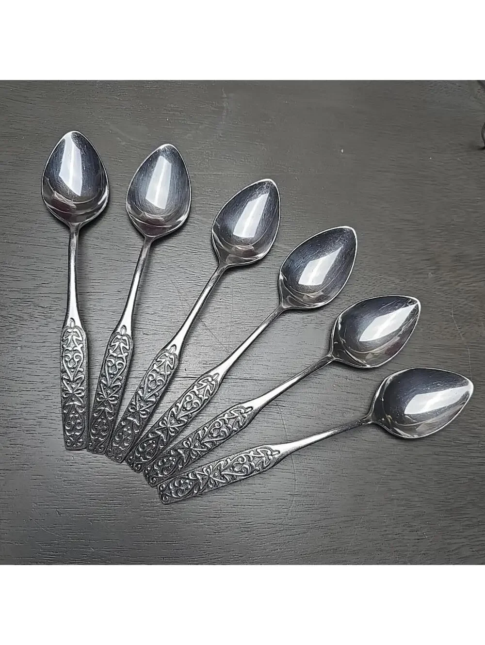 6 National Silver VALINDA Stainless NS Scrolls Oval Soup Spoons 7 3/4